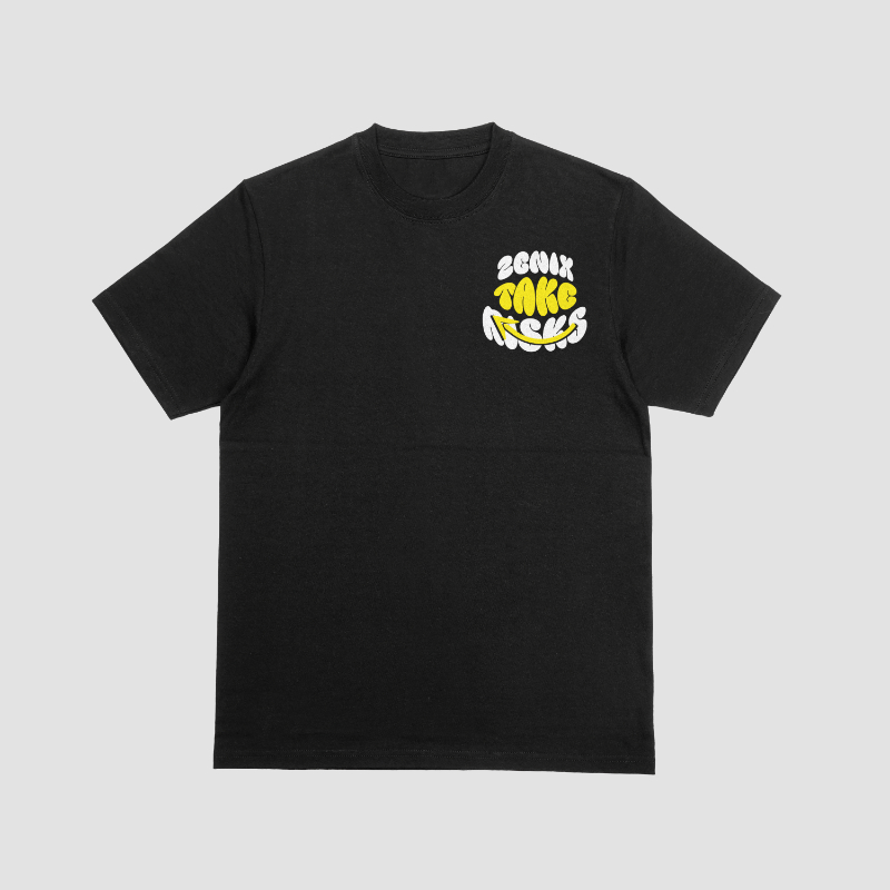 Black white and yellow "Zenix Take risks" T-Shirt 